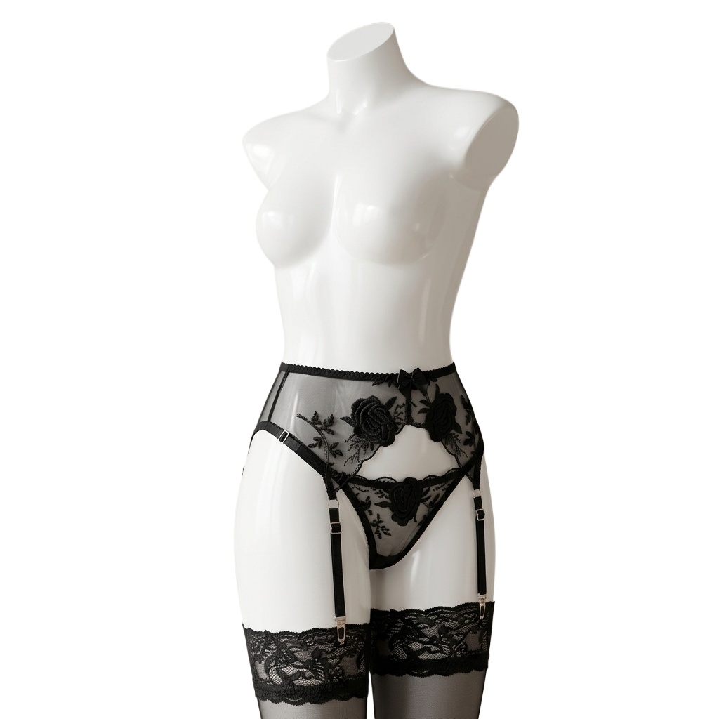 Garter Belt Set - 女性用、刺繍入り花柄ガーターベルトとショーツのセット。ハイウエストのレースサスペンダーベルトで、ブライダル用に調整可能なクリップが付いています。