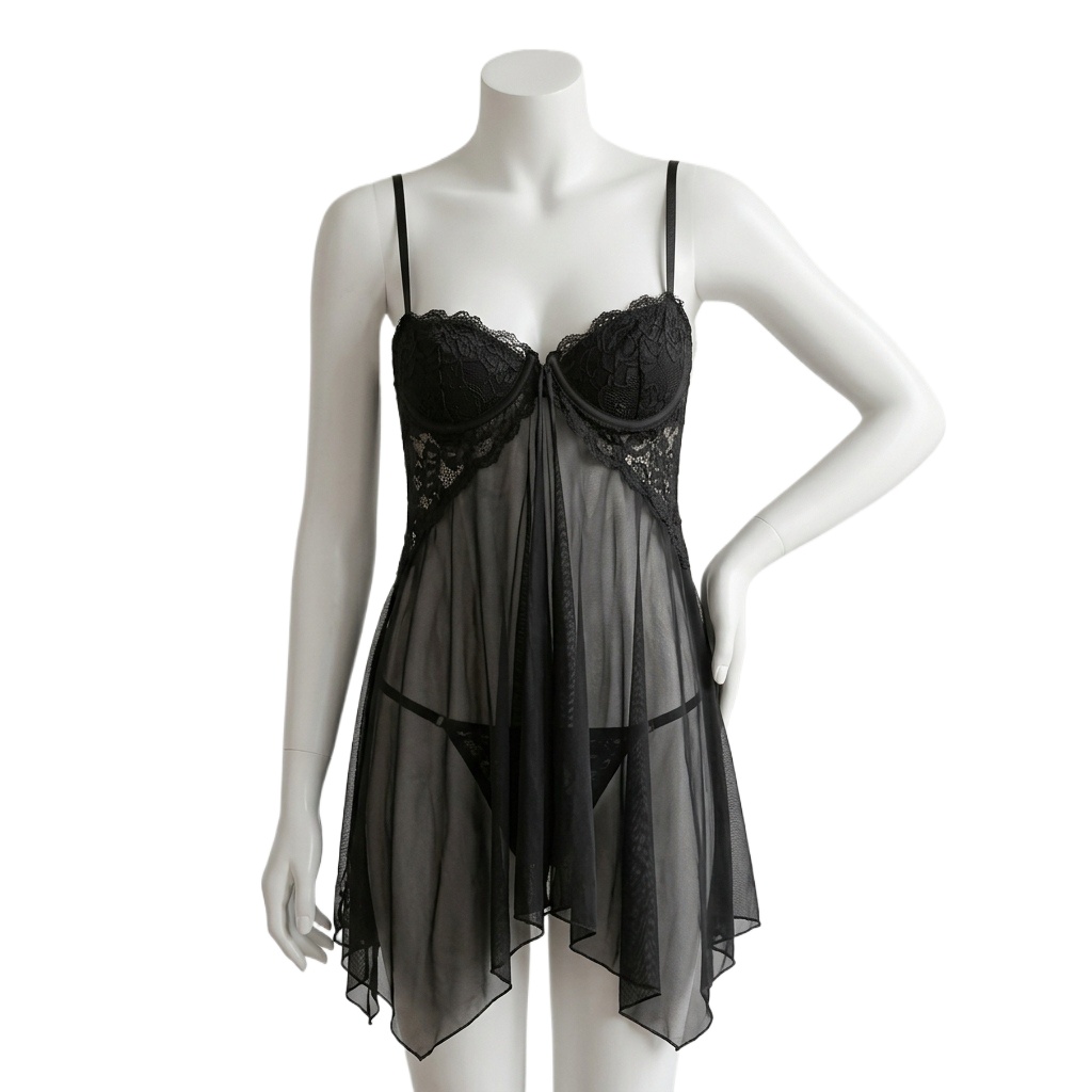 Babydoll Chemise Night - 女性用、レースがあしらわれたベビードール風ランジェリー。透け感のあるメッシュ素材のナイトガウンで、花柄のカップと調節可能なストラップが付いています。新婚旅行や結婚式の夜に最適です。